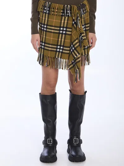 Burberry Women Wool And Cashmere Check Scarf Style Skirt In Brown