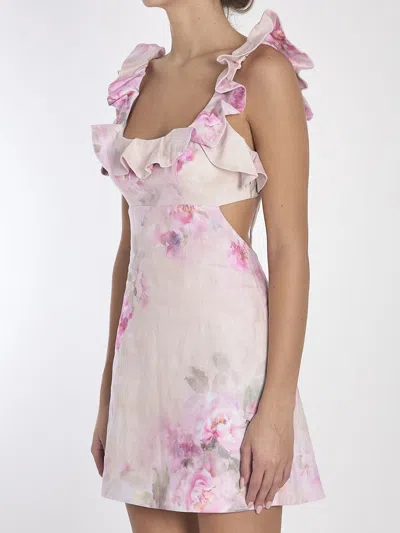 Zimmermann Crush Frill Cutout Ruffled Floral-print Linen Mini Dress In Pink