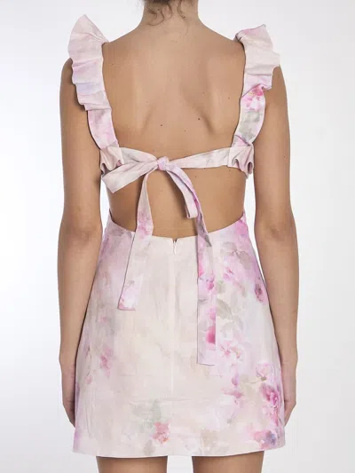 Zimmermann Crush Frill Cutout Ruffled Floral-print Linen Mini Dress In Pink