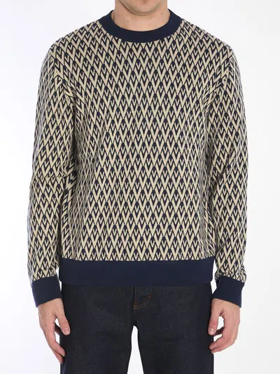 Valentino Crewneck Wool Jumper With Toute La V Jacquard Pattern In Blue