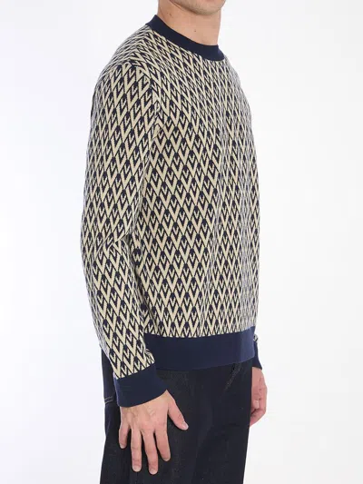 Valentino Crewneck Wool Jumper With Toute La V Jacquard Pattern In Blue