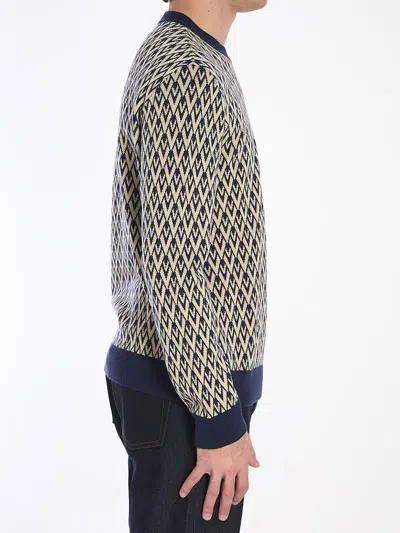 Valentino Crewneck Wool Jumper With Toute La V Jacquard Pattern In Blue