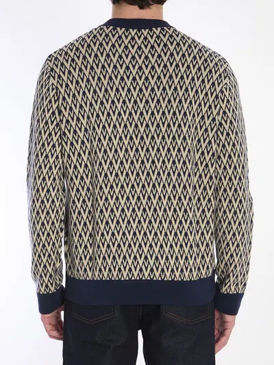 Valentino Crewneck Wool Jumper With Toute La V Jacquard Pattern In Blue