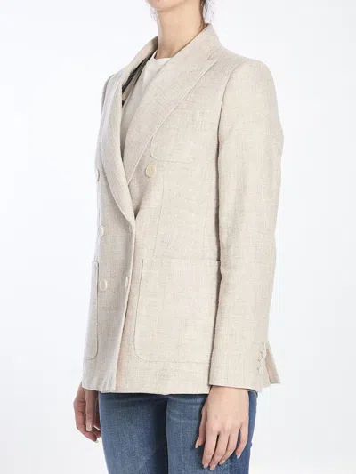Max Mara Linen Blend Double-breasted Jacket With Chest Pocket In Beige