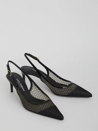 Dolce & Gabbana Vernice Patent Leather-trimmed Mesh Slingback Pumps In Black
