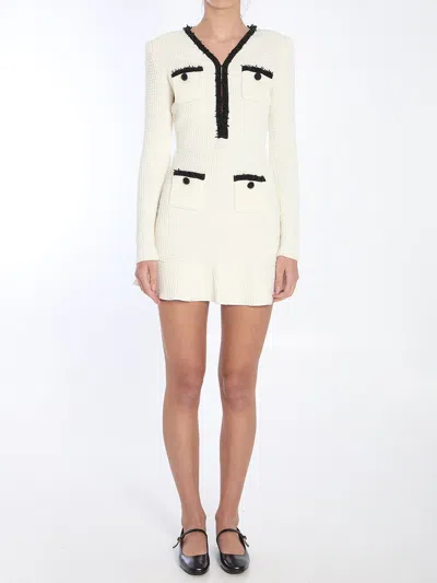 Self-portrait Textured White Dress With Beaded V-neckline In Multi