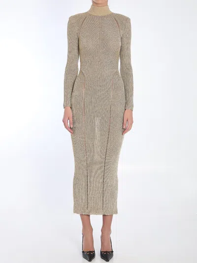 Self-portrait Ribbed Lurex Knit Turtleneck Maxi Dress In Gold