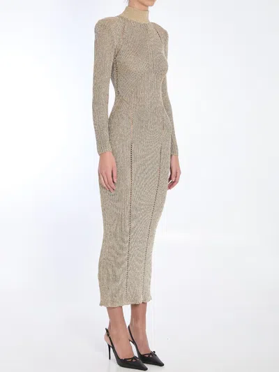 Self-portrait Ribbed Lurex Knit Turtleneck Maxi Dress In Gold