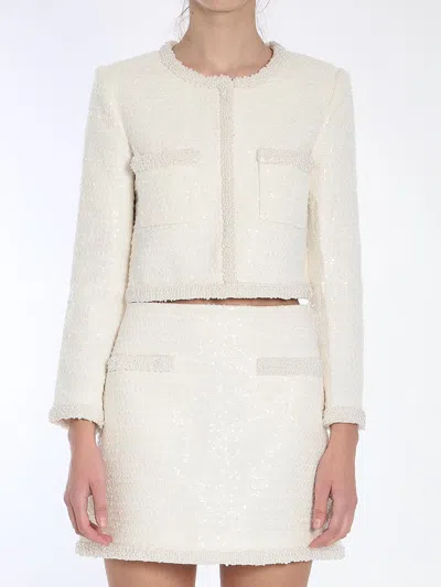 Shop Self-portrait Pearl Trim Jacket In Beige