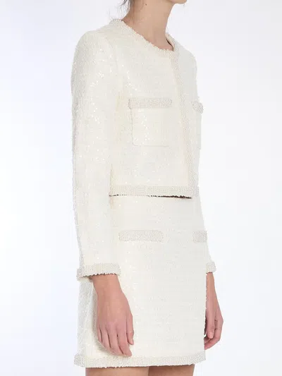 Self-portrait White Crewneck Jacket With Sequin And Faux-pearls Embellishments In Tech Fabric Woman In Beige