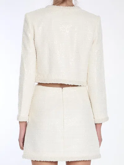 Self-portrait White Crewneck Jacket With Sequin And Faux-pearls Embellishments In Tech Fabric Woman In Beige