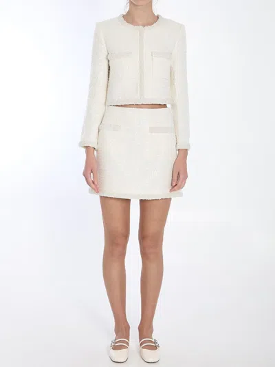 Self-portrait Cream Boucle Pearl Trim Mini Skirt In Beige