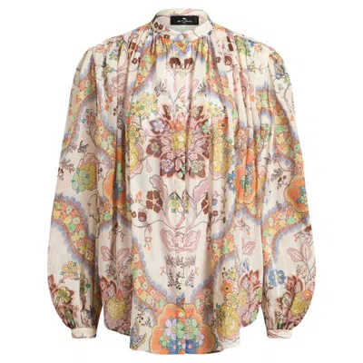 Etro Pleated Paisley Print Cotton Shirt In Beige