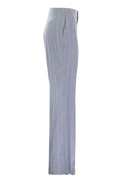 Tagliatore Women Pinstripe Trousers In Linen And Stretch Cotton In Blue