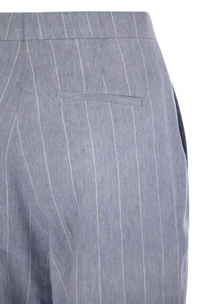 Tagliatore Women Pinstripe Trousers In Linen And Stretch Cotton In Blue