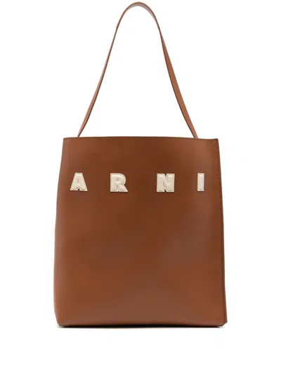 Marni Tote Bag With Elegant Lettering And Sophisticated Design In Brown