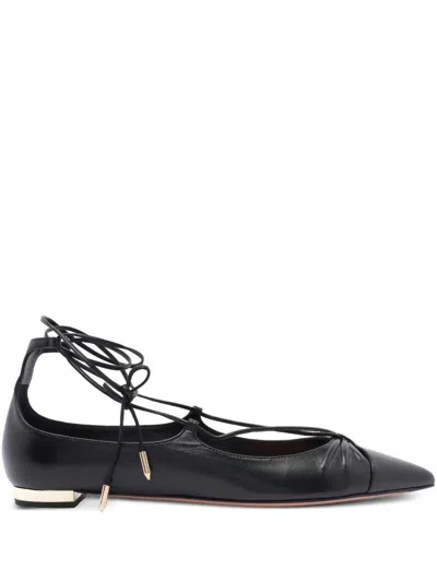 Aquazzura Gabi Lace-up Glossed-leather Point-toe Flats In Black