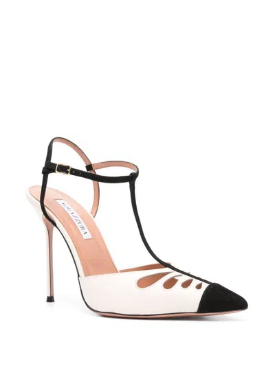 Aquazzura Camille 105 Suede-trimmed Cutout Leather Point-toe Pumps In White