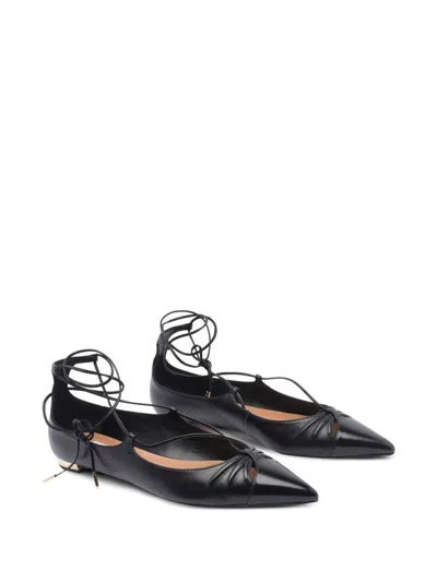 Aquazzura Gabi Lace-up Glossed-leather Point-toe Flats In Black