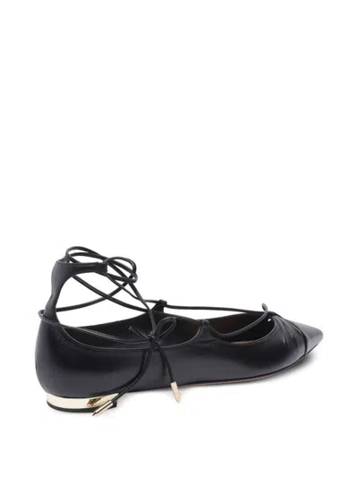 Aquazzura Gabi Lace-up Glossed-leather Point-toe Flats In Black