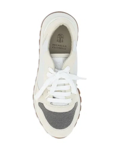 Brunello Cucinelli Bead-embellished Nylon And Suede Sneakers In White