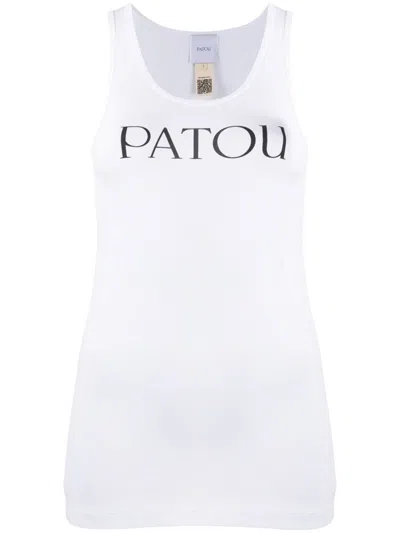 Patou Ribbed Sleeveless Cotton Tank With Round Neckline In White