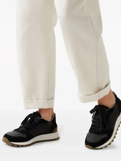 Brunello Cucinelli Suede And Leather Sneakers With Cushioned Sole In Black