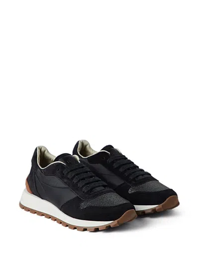 Brunello Cucinelli Suede And Leather Sneakers With Cushioned Sole In Black