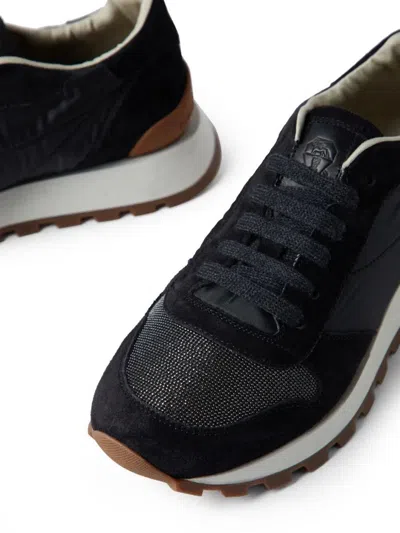 Brunello Cucinelli Suede And Leather Sneakers With Cushioned Sole In Black