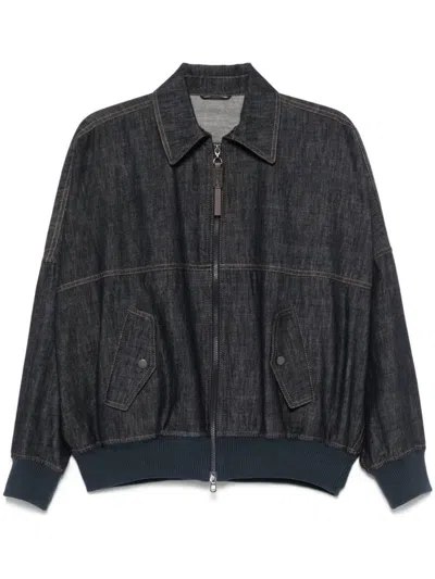 Brunello Cucinelli Denim-effect Twill Bomber Jacket With Shiny Zip In Blue