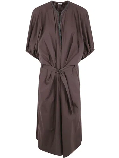 Brunello Cucinelli Midi Belt Dress In Brown