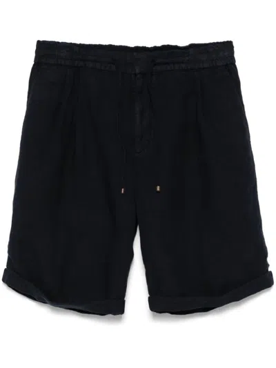 Brunello Cucinelli Men Garment-dyed Bermuda Shorts In Linen Gabardine With Drawstring And Pleat In Blue
