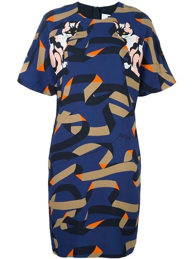 Msgm Blue Printed Cats Crepe Dress In Multi