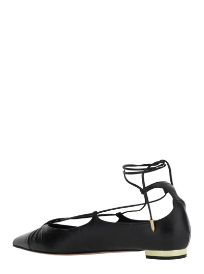 Aquazzura Gabi Lace-up Glossed-leather Point-toe Flats In Black