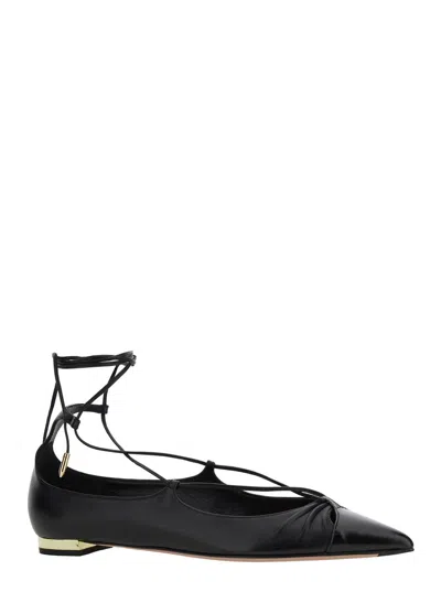 Aquazzura Gabi Lace-up Glossed-leather Point-toe Flats In Black
