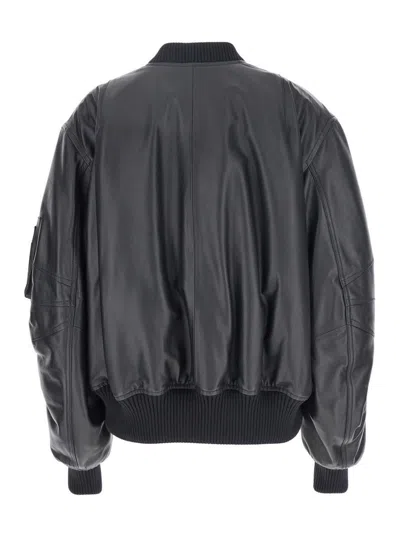Attico Oversized Leather Bomber Jacket With Ribbed Details In Black