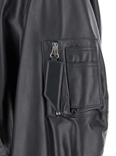 Attico Oversized Leather Bomber Jacket With Ribbed Details In Black