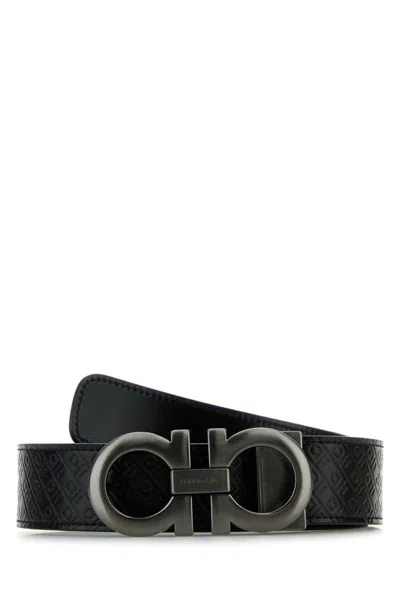 Ferragamo Adjustable Reversible Leather Belt With Textured Finish In Black