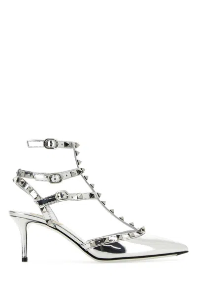 Valentino Silver Leather Rockstud Pumps In Silver