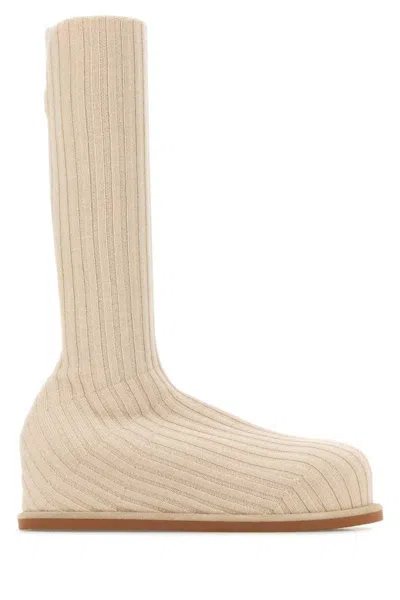 Amina Muaddi Ribbed Texture Flat Sole Sock-like Boots In Beige O Tan
