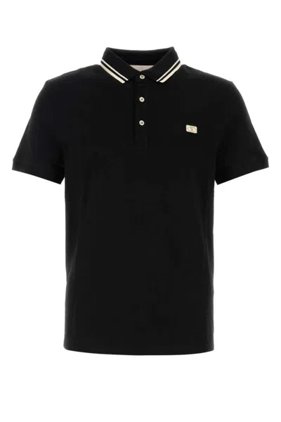 Valentino Garavani Black Polo Shirt With Classic Bicolor Collar And Logo Patch On The Front In Cotto In Black