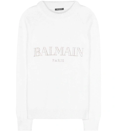 Shop Balmain Embellished Angora And Wool-blend Sweater In White+gold