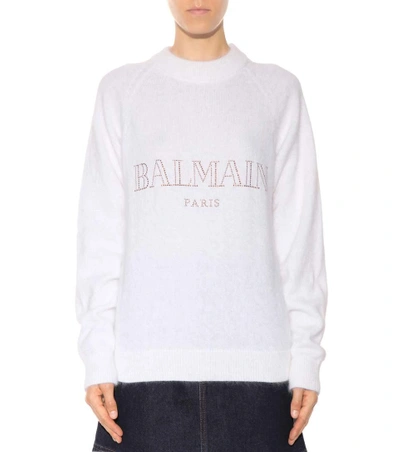 Shop Balmain Embellished Angora And Wool-blend Sweater In White+gold