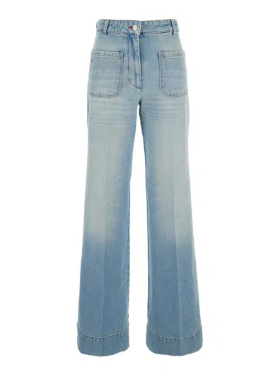Victoria Beckham 'alina' Blue Jeans With Pockets And Logo Applied On The Front In Denim Woman In Blue