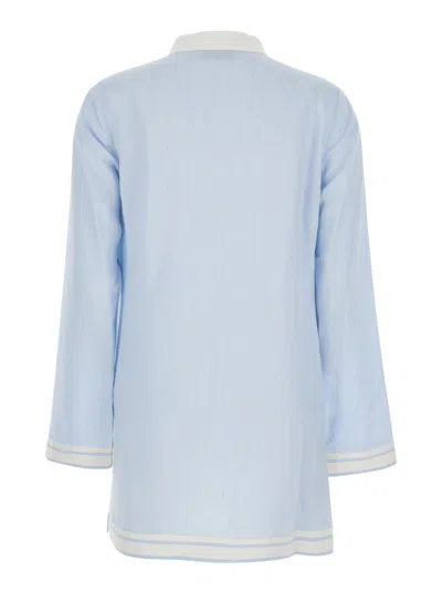 Tory Burch Light Blue Kaftan With V-neck And Pendant On The Front In Silk And Viscose Blend Woman In Blue