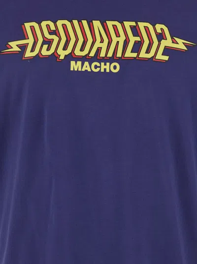 Dsquared2 Blue Crewneck T-shirt With Logo Print On The Front In Cotton Man In Blue
