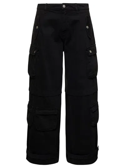 Icon Denim Rosalia Black Low Waisted Cargo Jeans With Patch Pockets In Cotton Denim Woman In Black