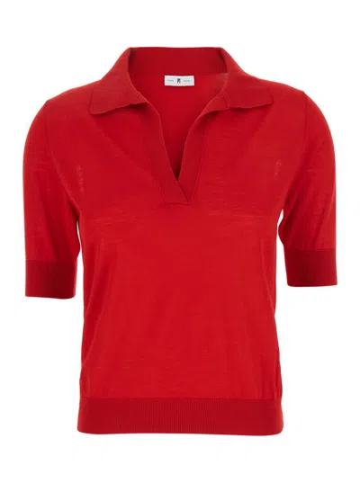 Pt Torino Red Polo With V-neck And Short Sleeves In Virgin Wool Woman In Red