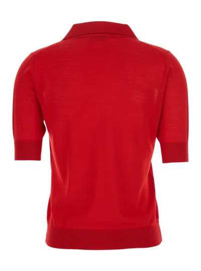 Pt Torino Red Polo With V-neck And Short Sleeves In Virgin Wool Woman In Red