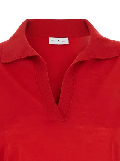 Pt Torino Red Polo With V-neck And Short Sleeves In Virgin Wool Woman In Red